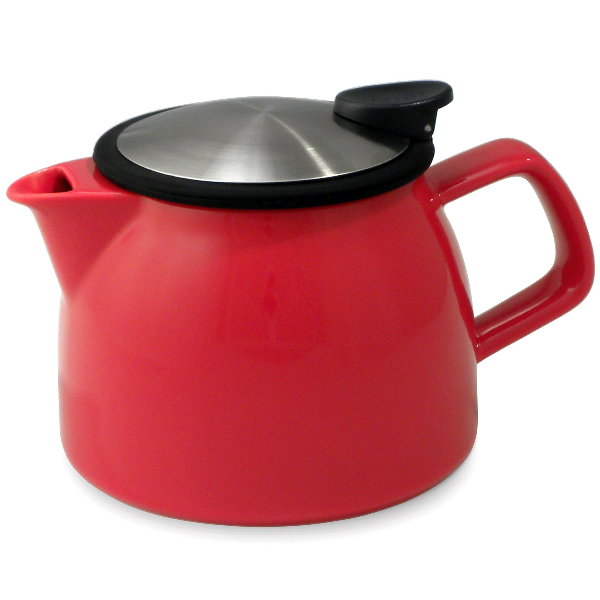 Tealula 16 oz bell-shaped Red teapot with square handle and black and silver detachable push-on-lid