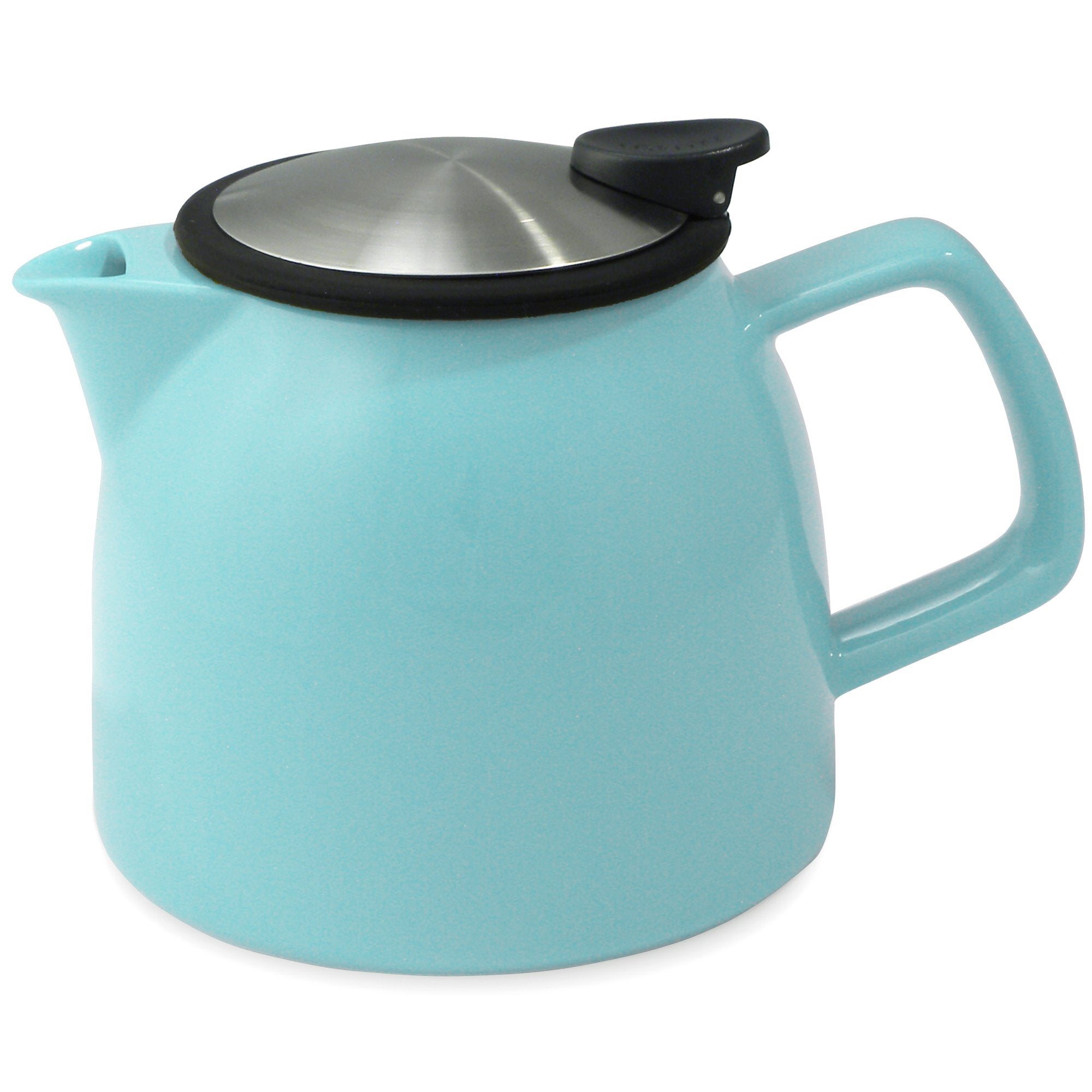 Tealula 26 oz bell-shaped turquoise teapot with square handle and black and silver detachable push-on-lid
