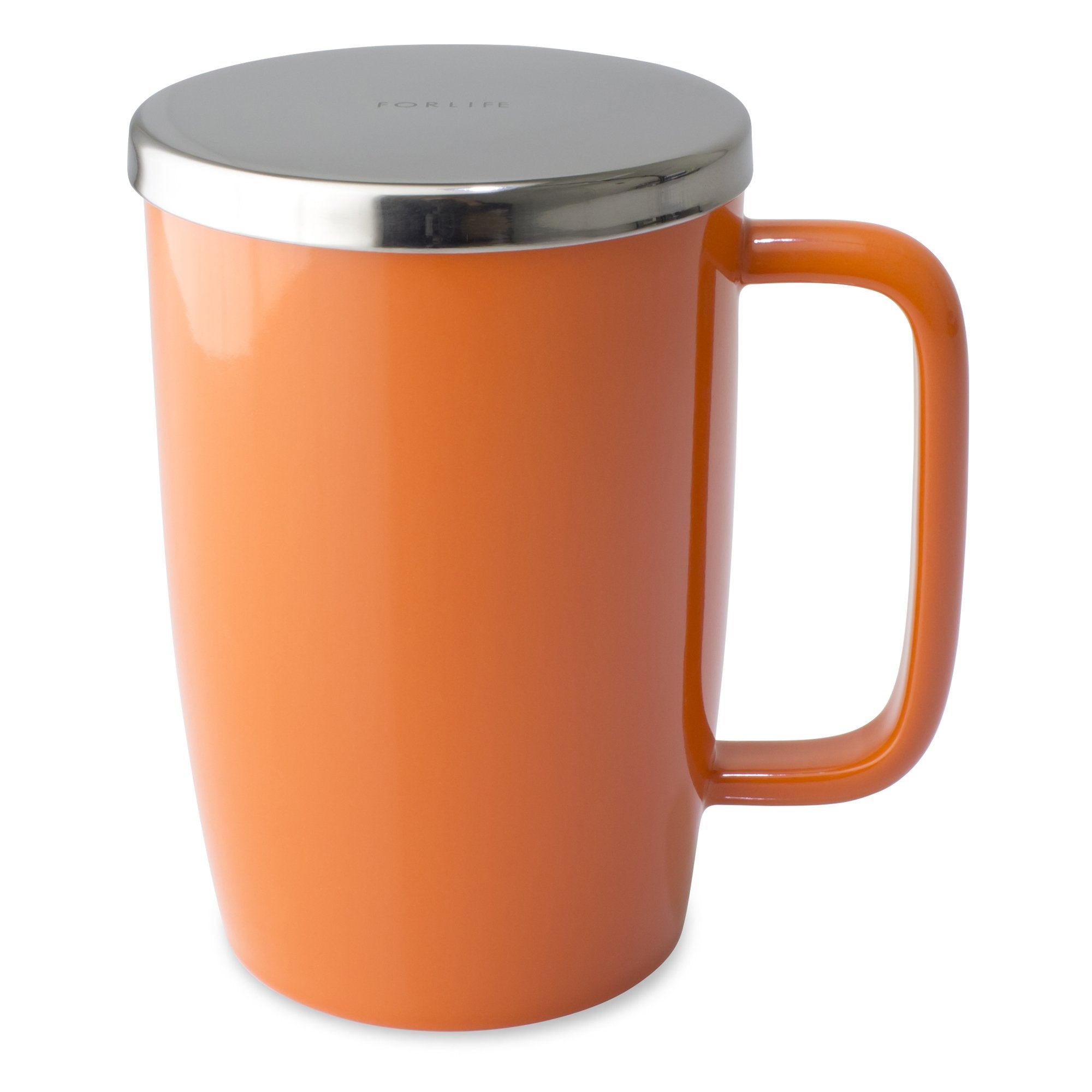 TeaLula 18 oz carrot orange colored glossy surface finish mug with large thin rectangle handle and shiny stainless steel lid