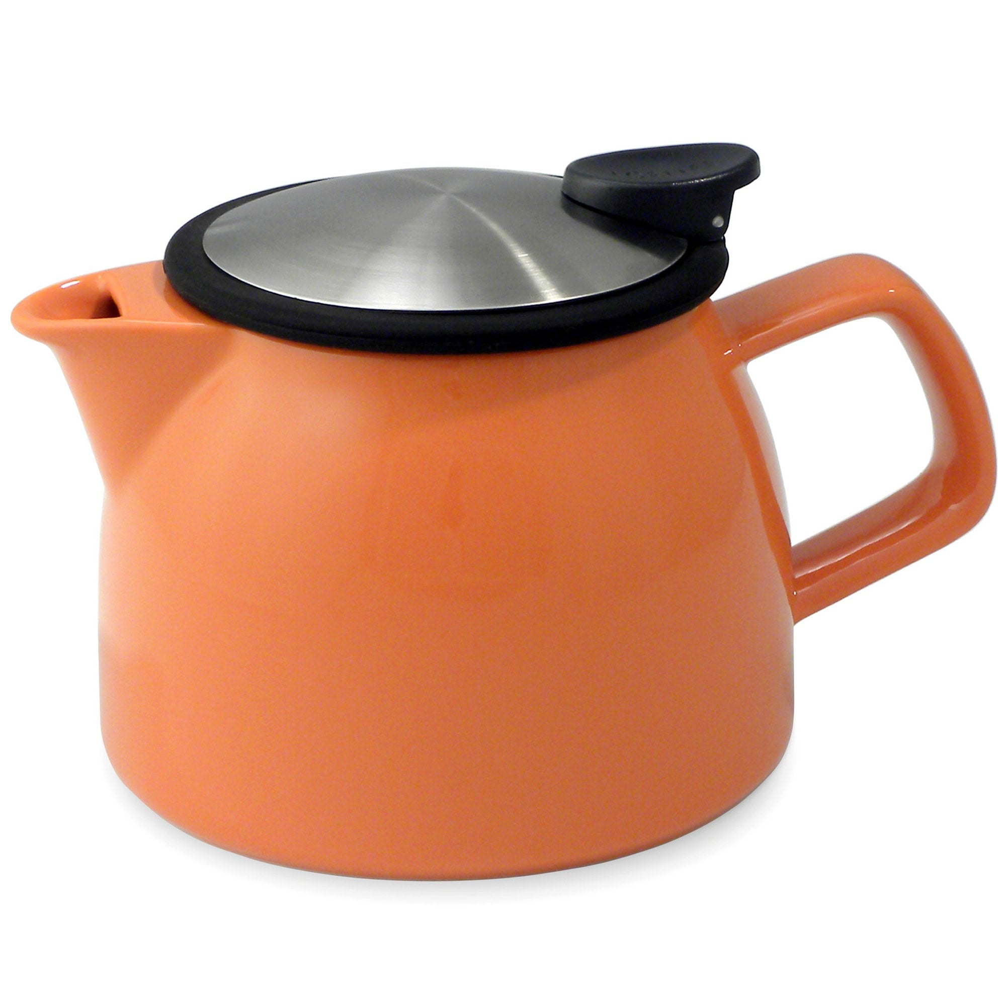 Tealula 16 oz bell-shaped Carrot Orange teapot with square handle and black and silver detachable push-on-lid