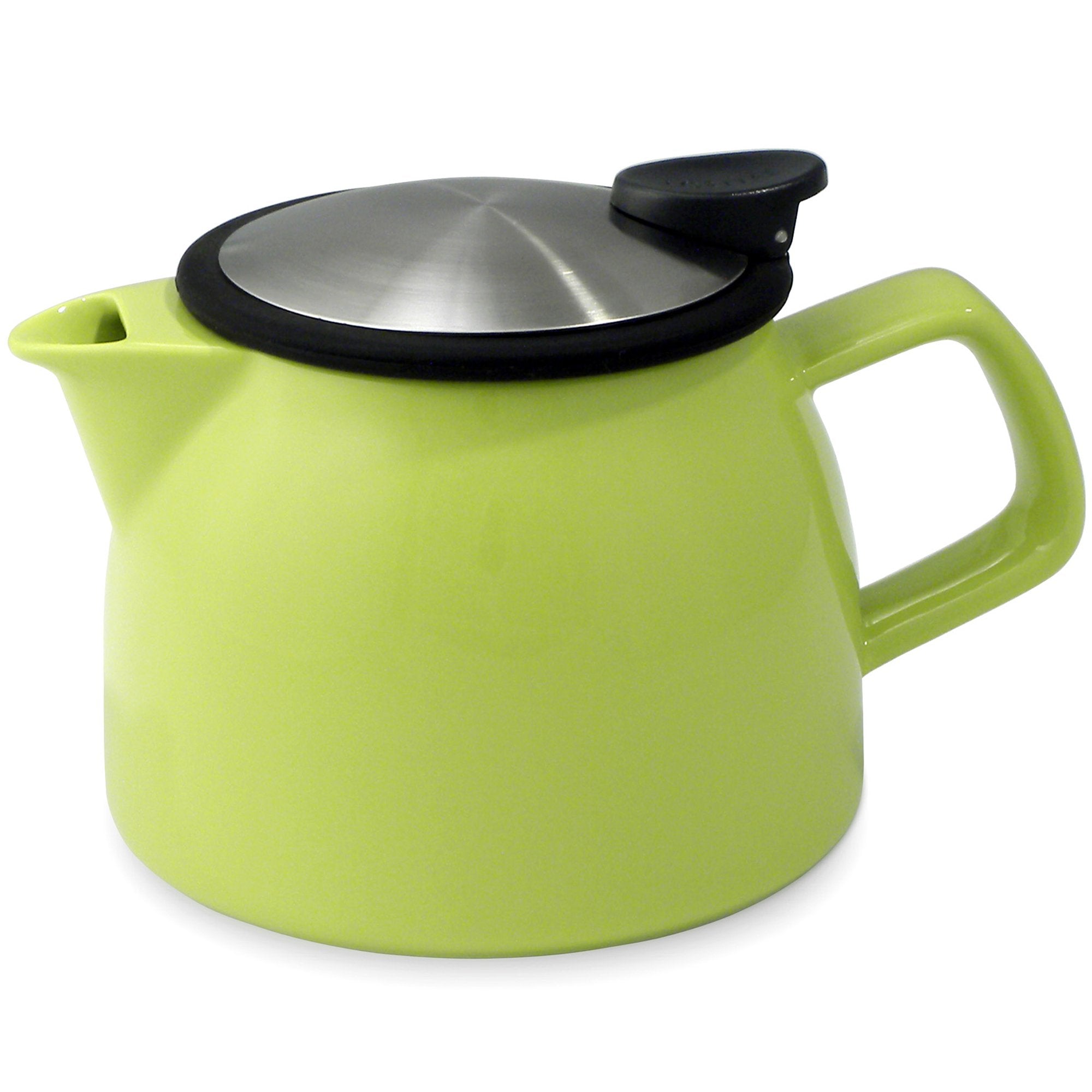 Tealula 16 oz bell-shaped Lime Green teapot with square handle and black and silver detachable push-on-lid
