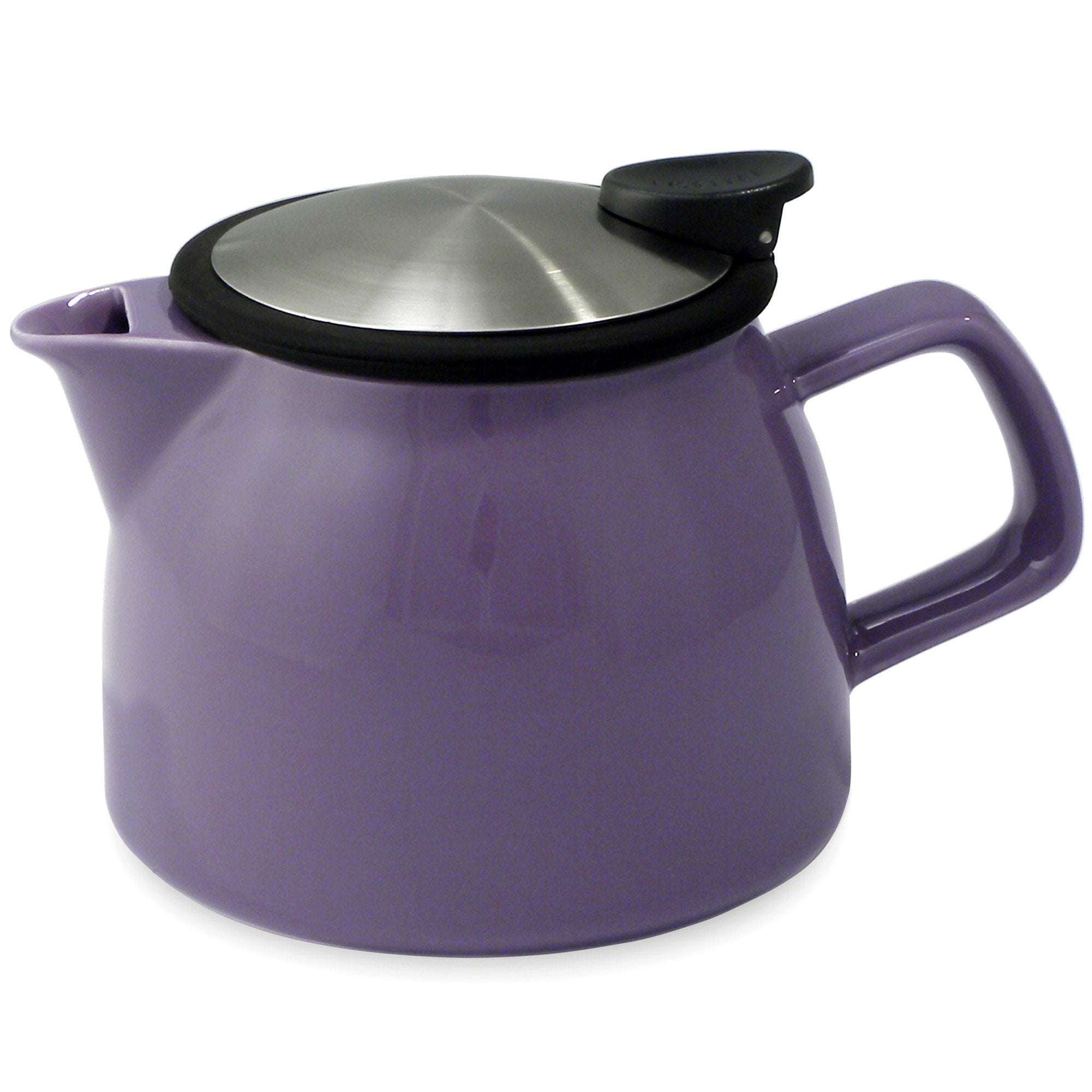 Tealula 16 oz bell-shaped  Purple teapot with square handle and detachable black and silver push-on-lid