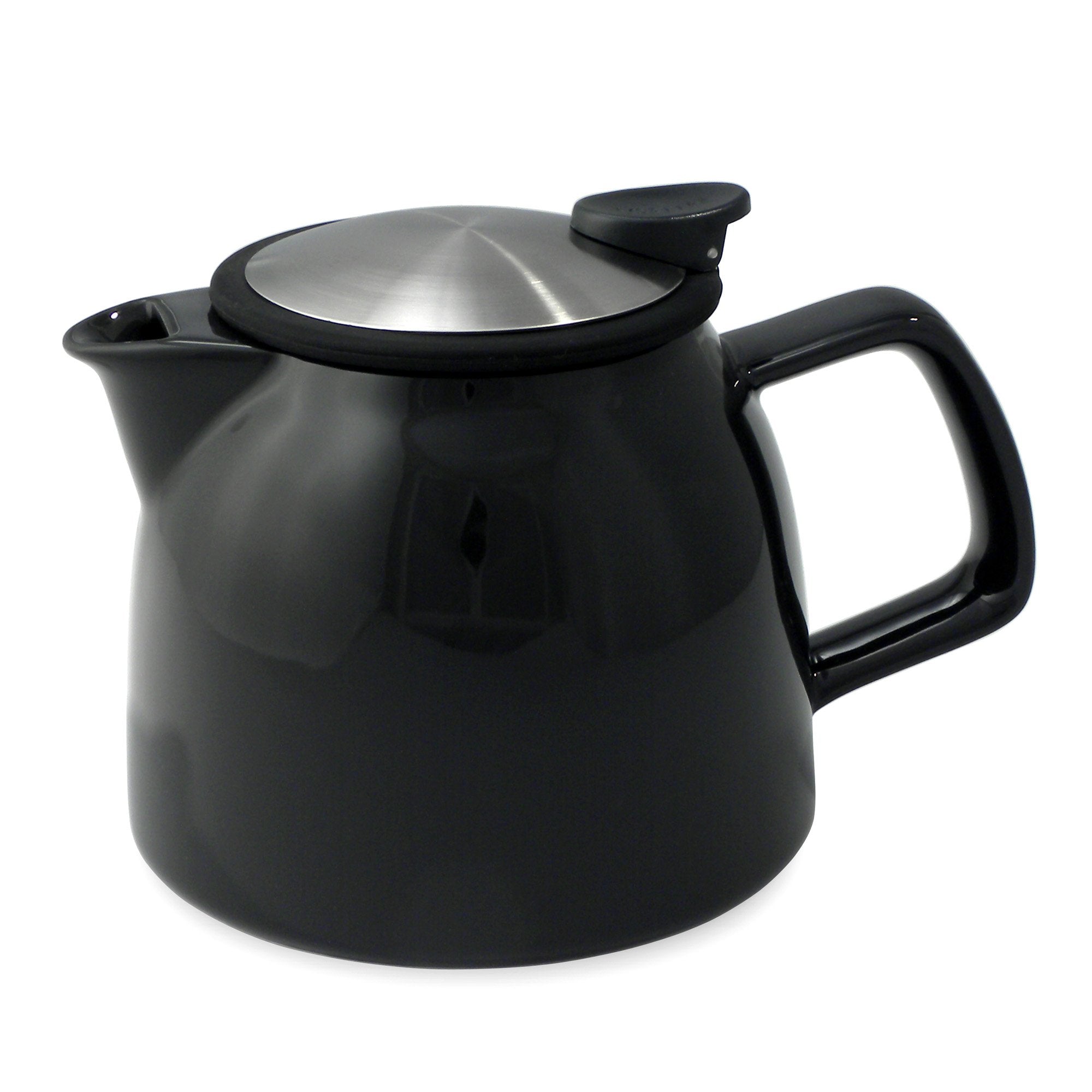 Tealula 26 oz bell-shaped black teapot with square handle and black and silver detachable push-on-lid