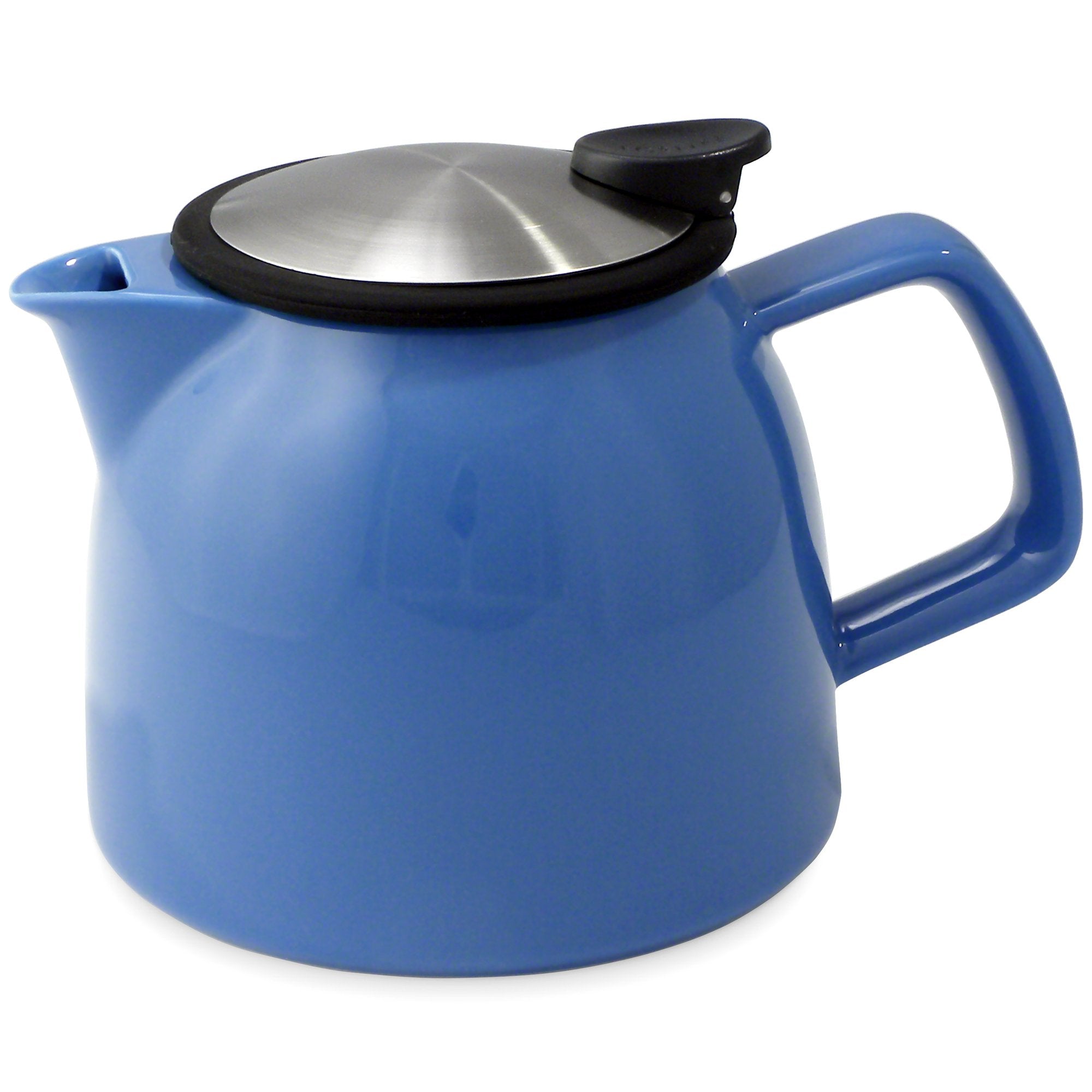 Tealula 26 oz bell-shaped blue teapot with square handle and black and silver detachable push-on-lid