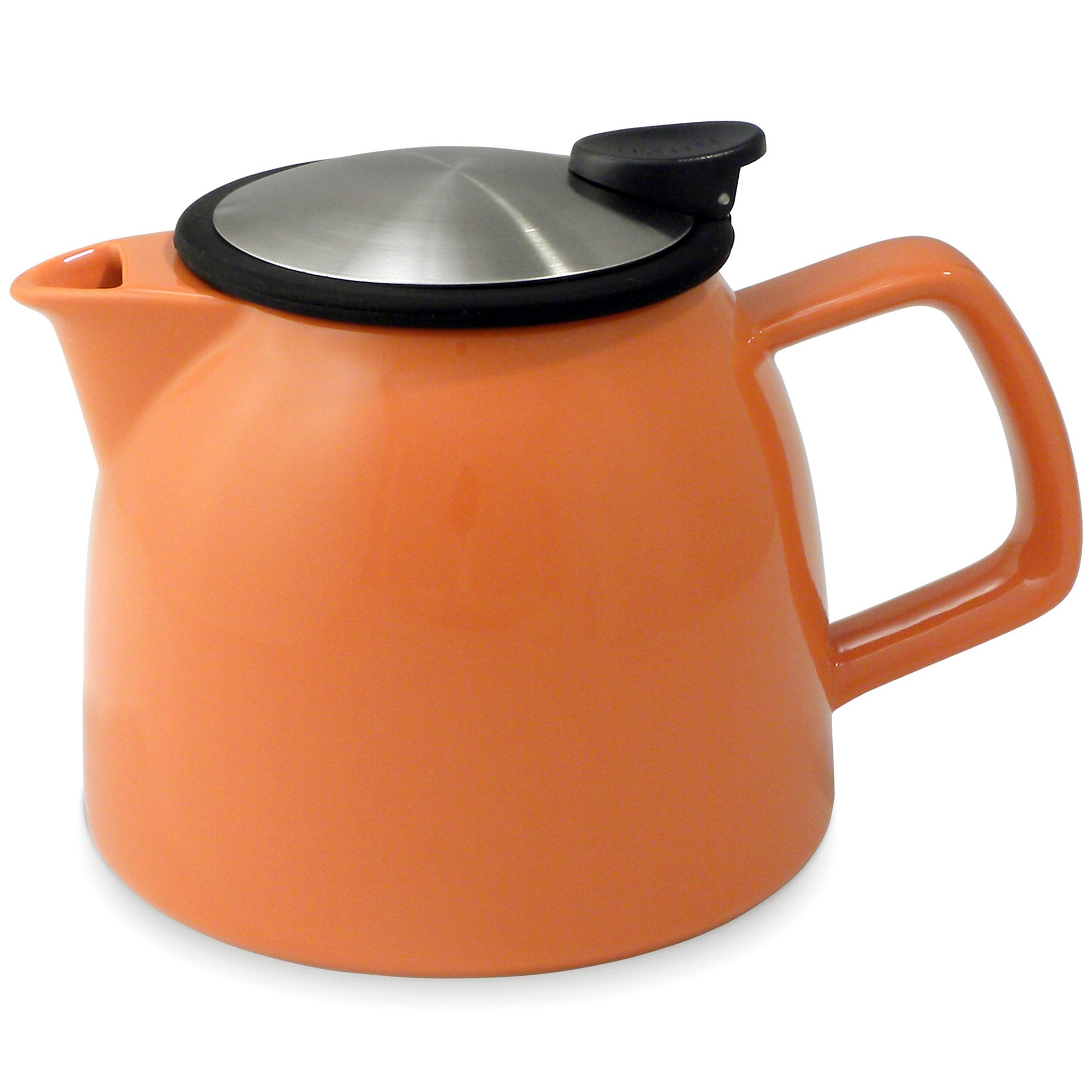 Tealula 26 oz bell-shaped carrot orange teapot with square handle and black and silver detachable push-on-lid