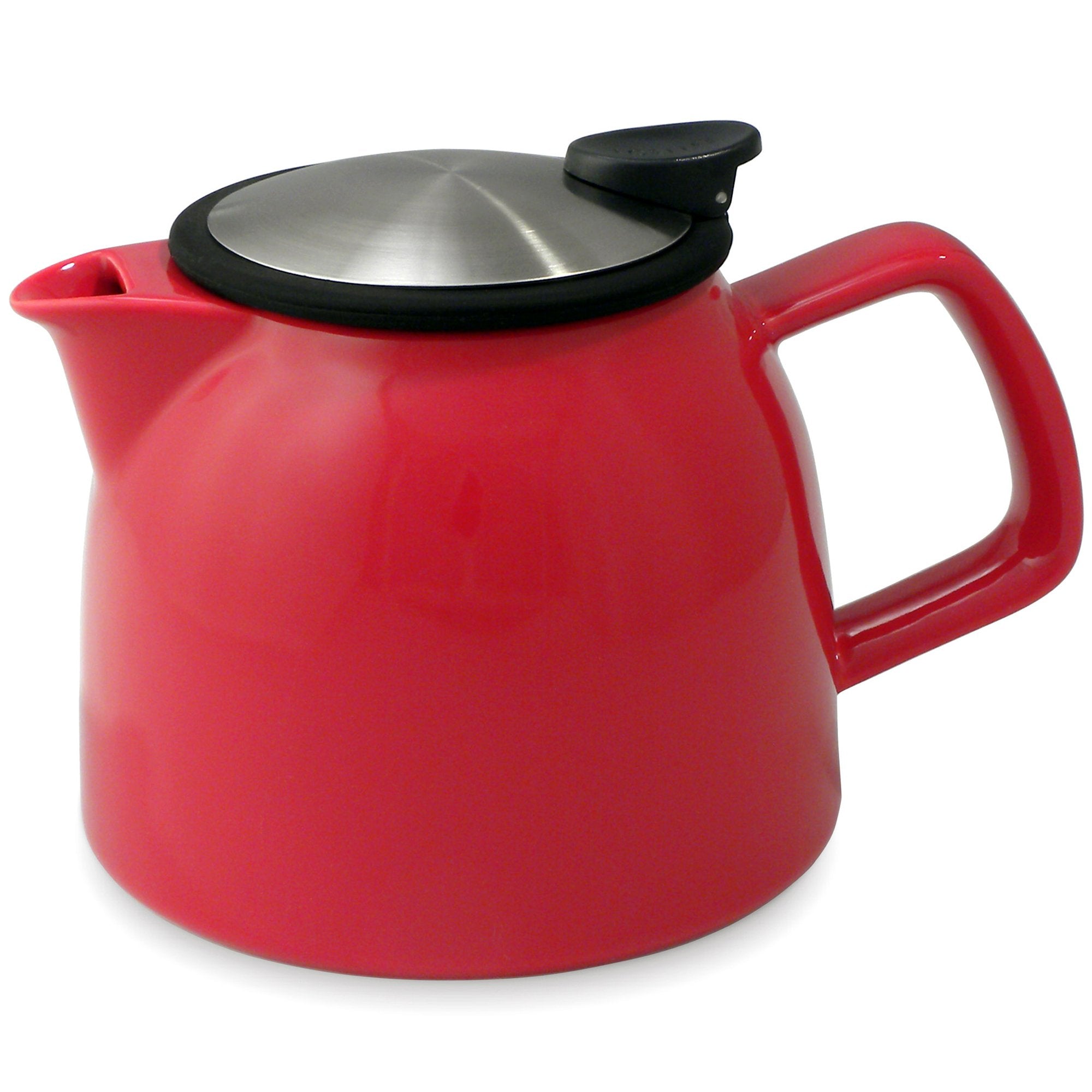 Tealula 26 oz bell-shaped red teapot with square handle and black and silver detachable push-on-lid