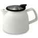 Tealula 26 oz bell-shaped white teapot with square handle and black and silver detachable push-on-lid