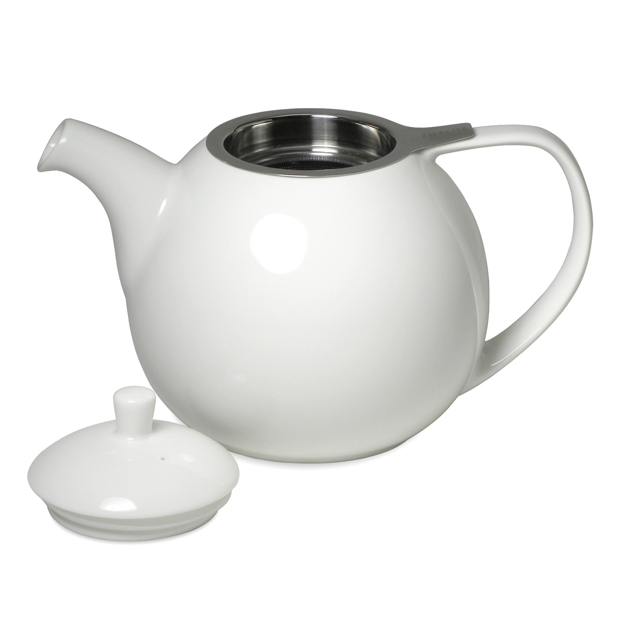 TeaLula 45 oz Curve white Teapot glossy surface with lid off and an extra-fine stainless-steel infuser inside teapot