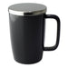 TeaLula 18 oz black graphite colored glossy surface finish mug with large thin rectangle handle and shiny stainless steel lid