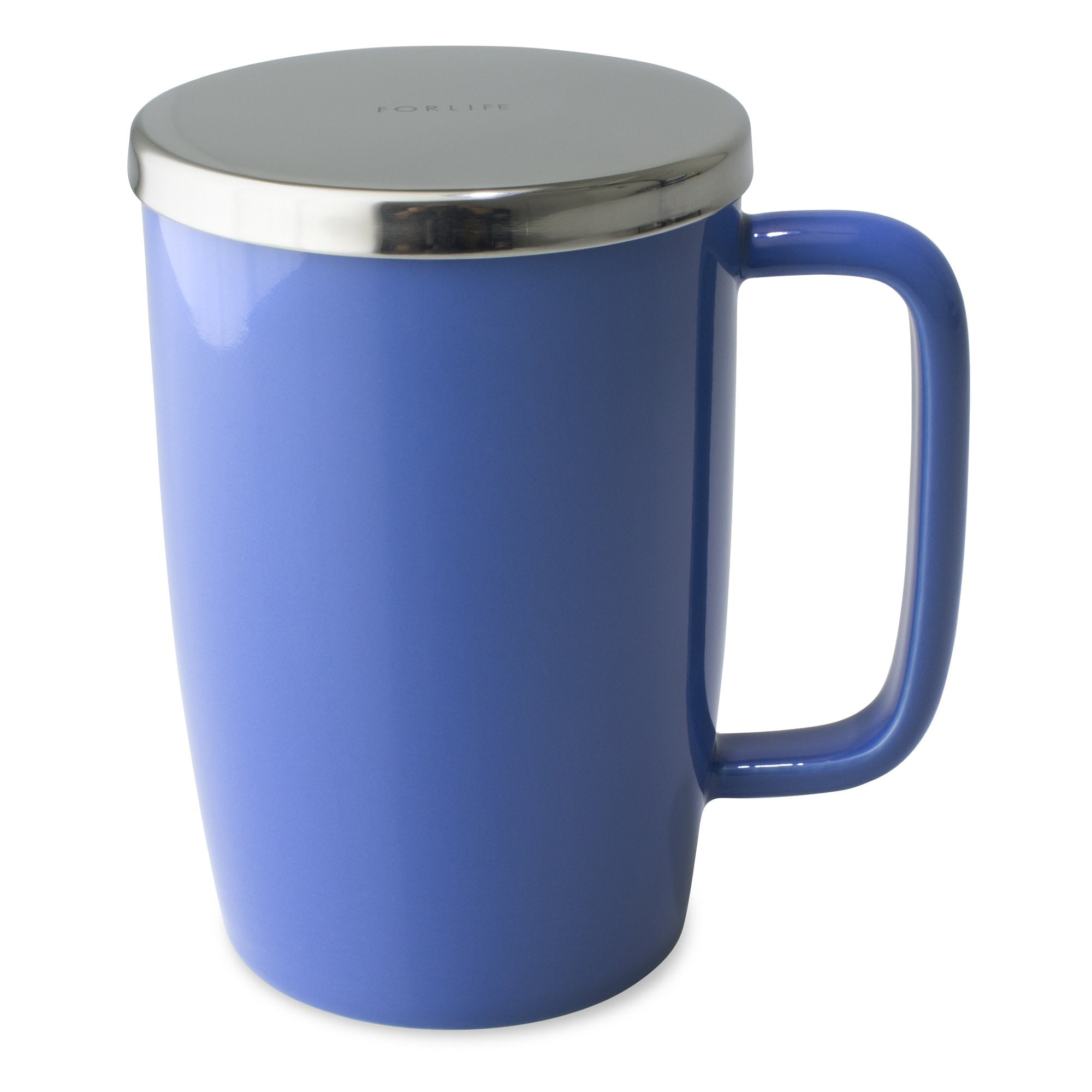 TeaLula 18 oz blue colored glossy surface finish mug with large thin rectangle handle and shiny stainless steel lid