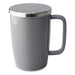 TeaLula 18 oz gray colored glossy surface finish mug with large thin rectangle handle and shiny stainless steel lid