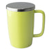 TeaLula 18 oz lime green colored glossy surface finish mug with large thin rectangle handle and shiny stainless steel lid