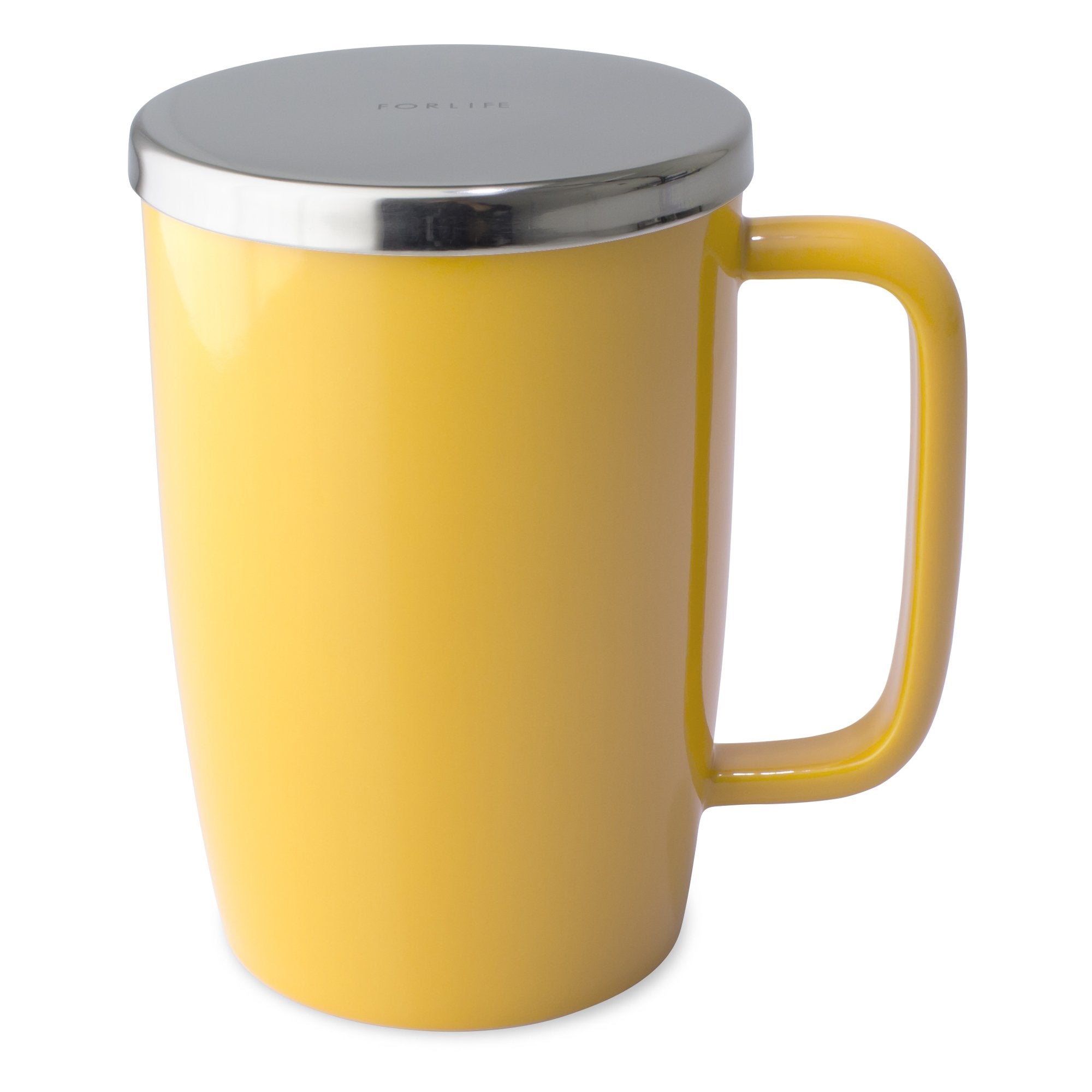 TeaLula 18 oz Mandarin orange yellow colored glossy surface finish mug with large thin rectangle handle and shiny stainless steel lid