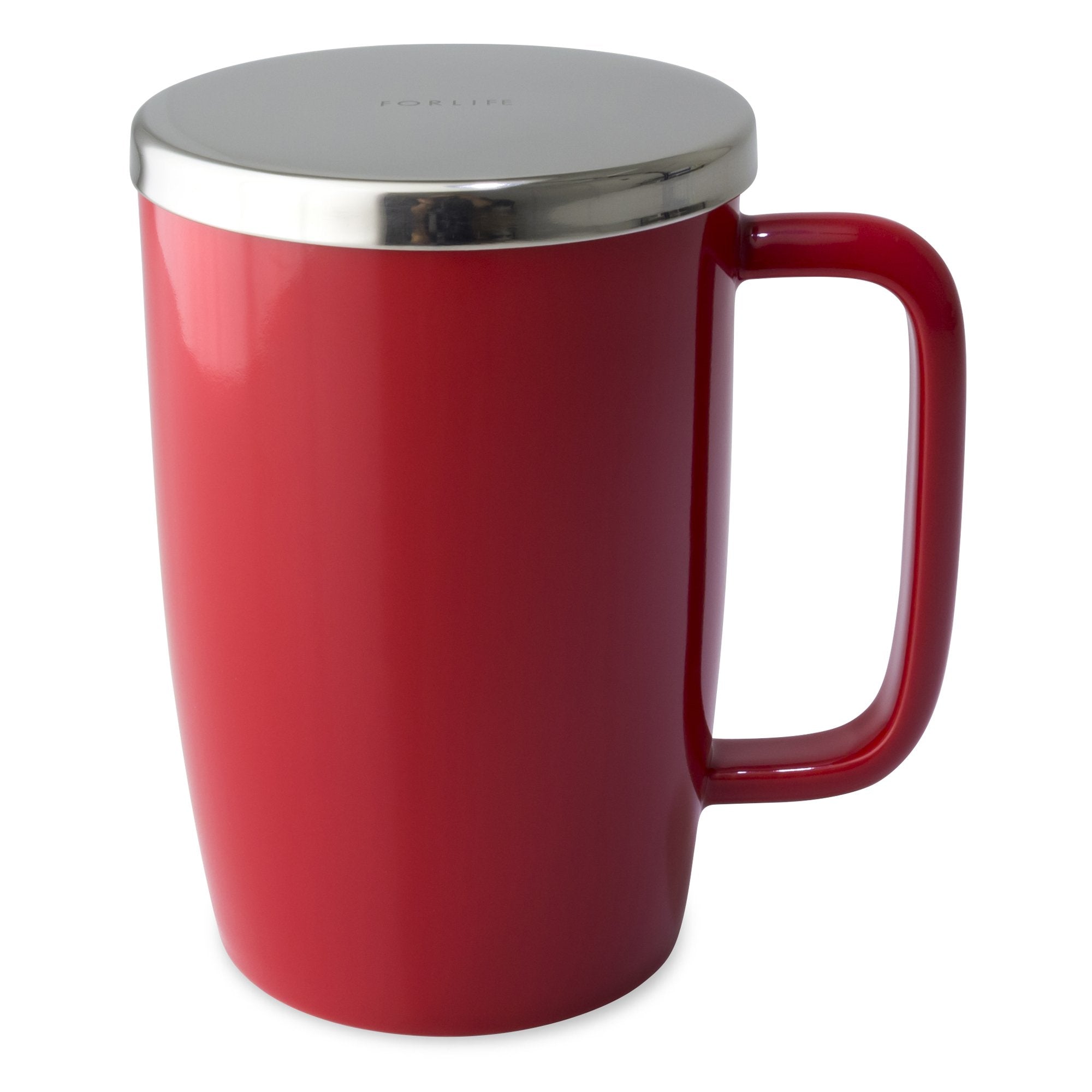 TeaLula 18 oz red colored glossy surface finish mug with large thin rectangle handle and shiny stainless steel lid