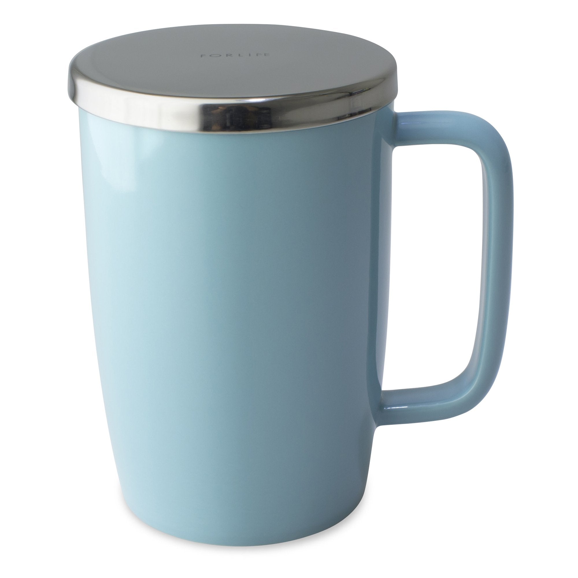 TeaLula 18 oz turquoise colored glossy surface finish mug with large thin rectangle handle and shiny stainless steel lid
