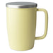 TeaLula 18 oz lemon grass yellow colored satin surface finish mug with large thin rectangle handle and matte stainless steel lid