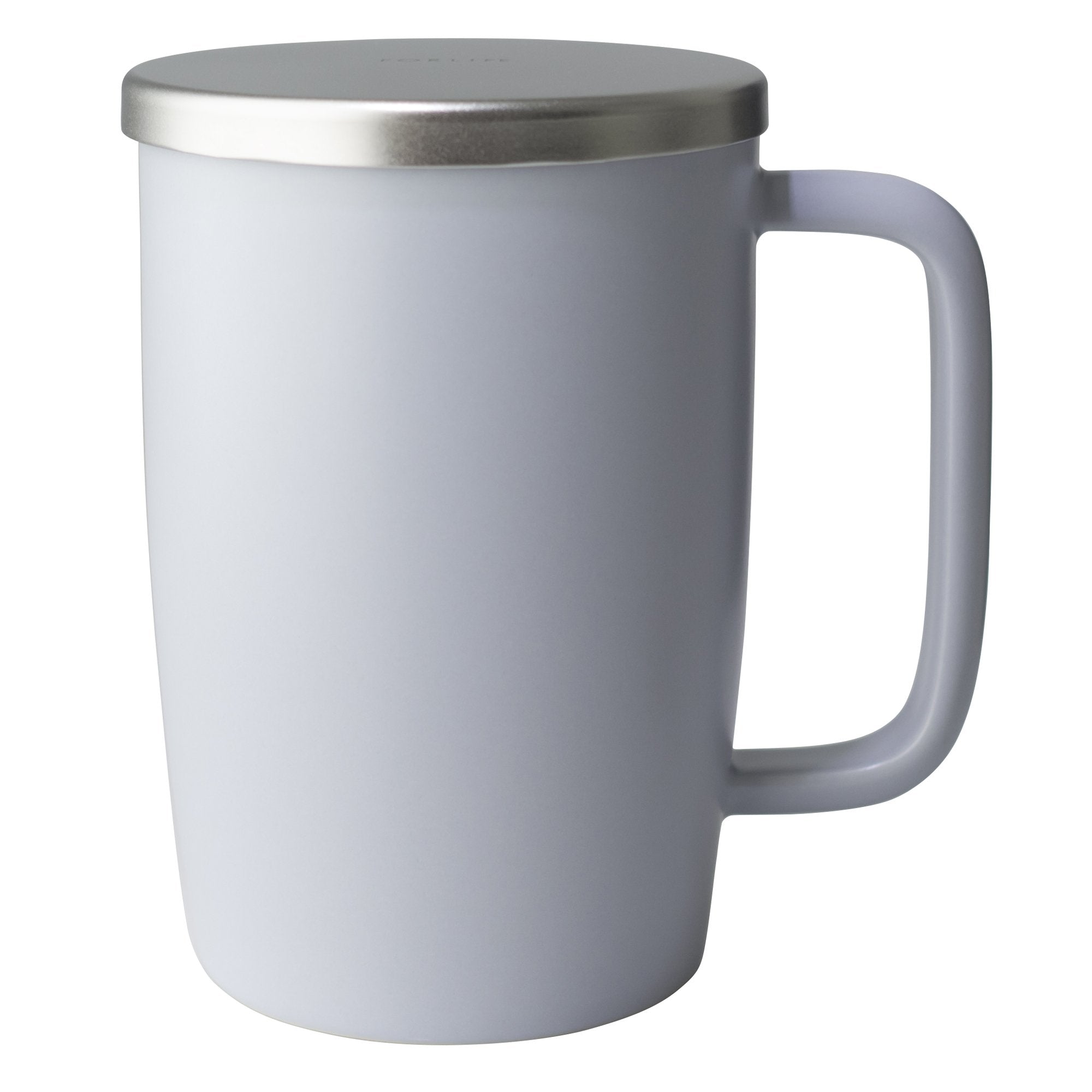 TeaLula 18 oz lavender mist colored satin surface finish mug with large thin rectangle handle and matte stainless steel lid