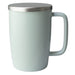 TeaLula 18 oz minty aqua colored satin surface finish mug with large thin rectangle handle and matte stainless steel lid