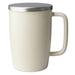 TeaLula 18 oz natural cotton off white colored satin surface finish mug with large thin rectangle handle and matte stainless steel lid