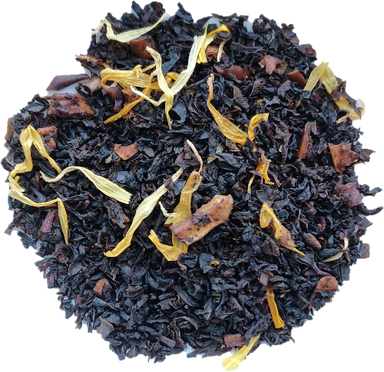 Premium Ceylon black tea blend with fruit pieces, marigold petals, peach and apricot flavoring.