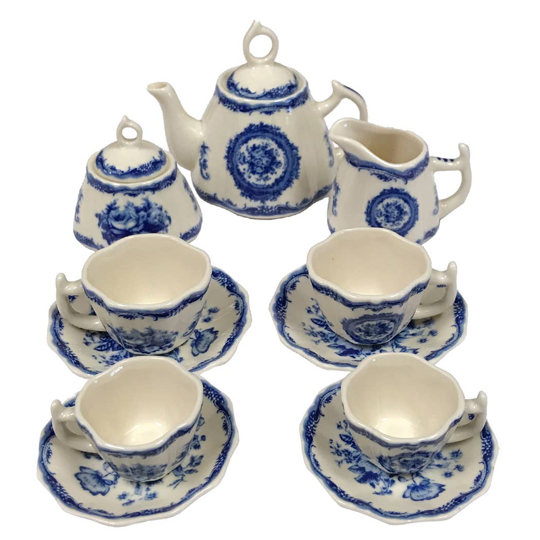 Madison Bay Co. - Mini 13pc Classic Floral Blue Transferware Porcelain Tea Set